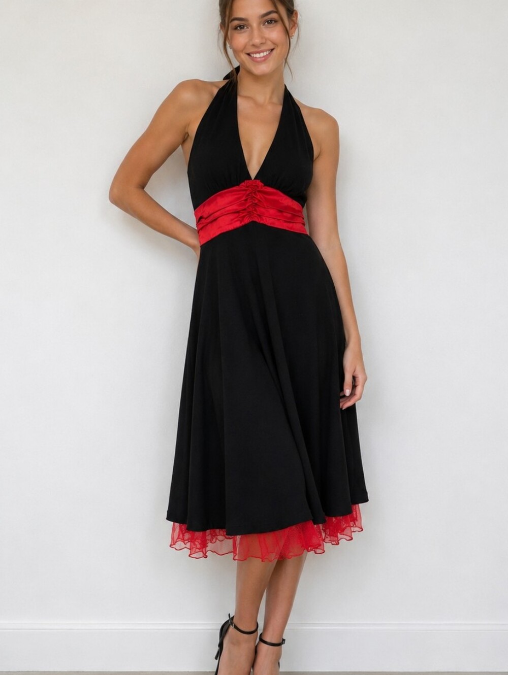 VTG Ruby Babydoll Ruby Rox Dress Black Halter Red Waist Tulle Hem Sz M 70s 80s